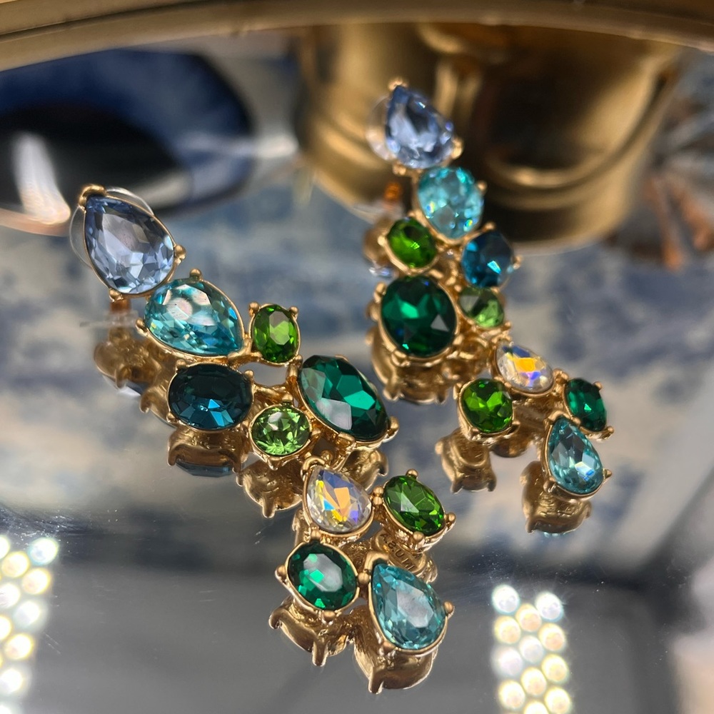 🆕 OSCAR DE LA RENTA 🧿 NWOT Scramble Crystal-Embellished Earrings - Blue Green - Picture 5 of 15